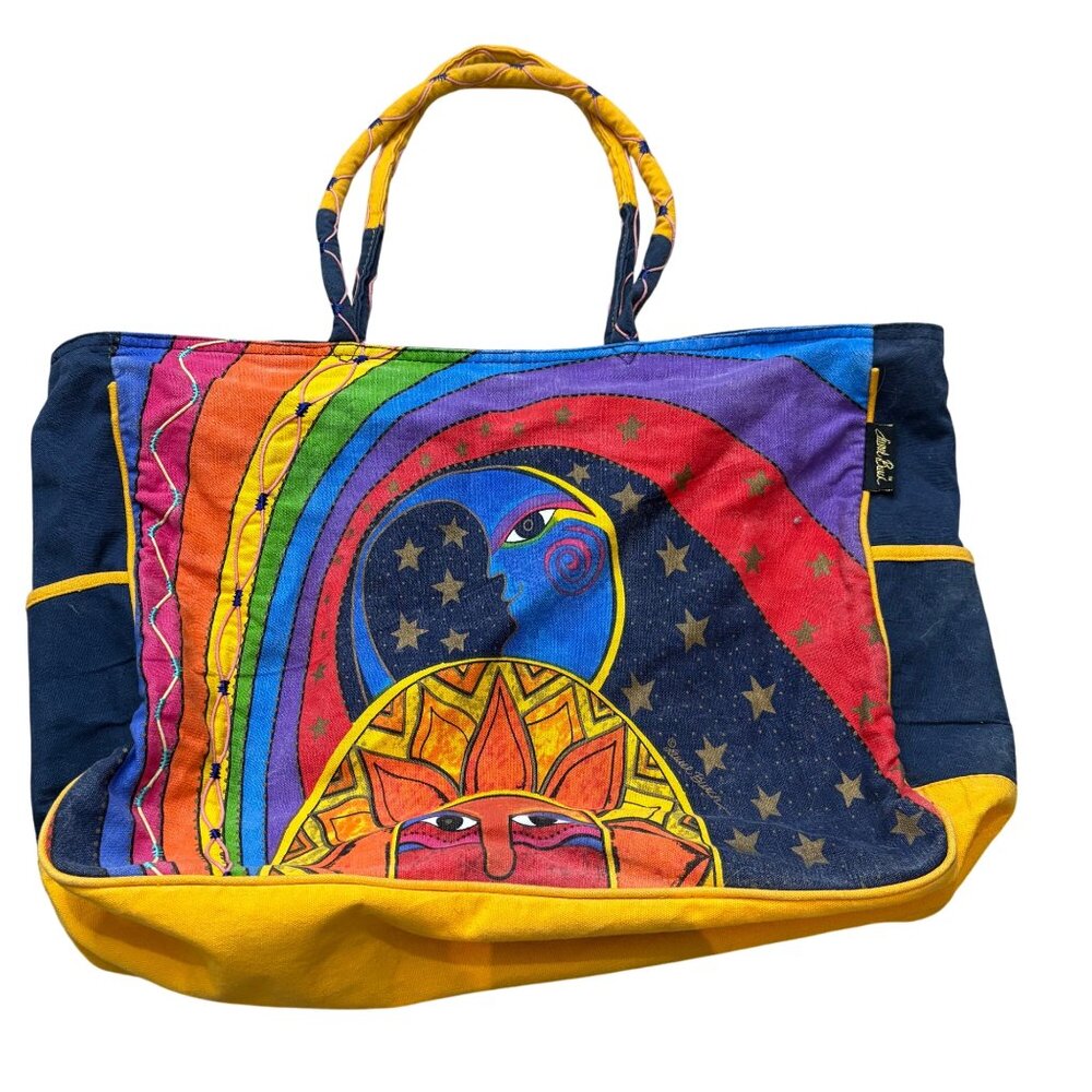 Laurel Burch Vintage Sun & Moon Rainbow Celestial Magic Embroidered Canvas Tote
